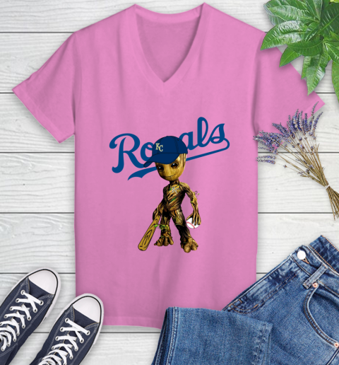 MLB Kansas City Royals Groot Guardians Of The Galaxy Baseball Women's V-Neck T-Shirt 14