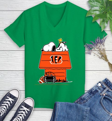 Cincinnati Bengals NFL Football Snoopy Woodstock The Peanuts Movie Women's V-Neck T-Shirt 5