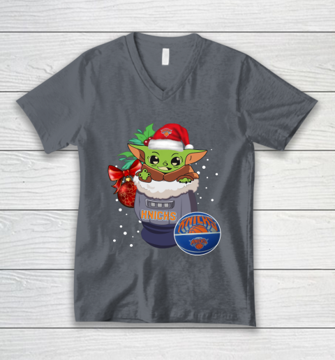 New York Knicks Christmas Baby Yoda Star Wars Funny Happy NBA V-Neck T-Shirt 5