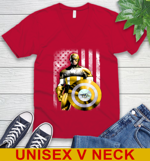 Nashville Predators NHL Hockey Captain America Marvel Avengers American Flag Shirt V-Neck T-Shirt - Image 7