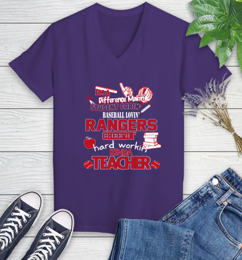 Texas Rangers MLB I'm A Difference Making Student Caring Baseball Loving Kinda Teacher Women's V-Neck T-Shirt 3