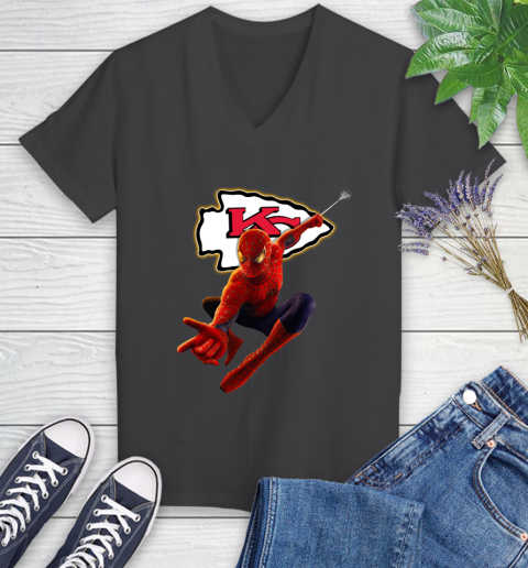 NFL Spider Man Avengers Endgame Football Kansas City Chiefs Women's V-Neck T-Shirt 8