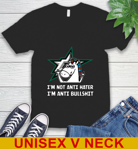 Dallas Stars NHL Hockey Unicorn I'm Not Anti Hater I'm Anti Bullshit V-Neck T-Shirt 2