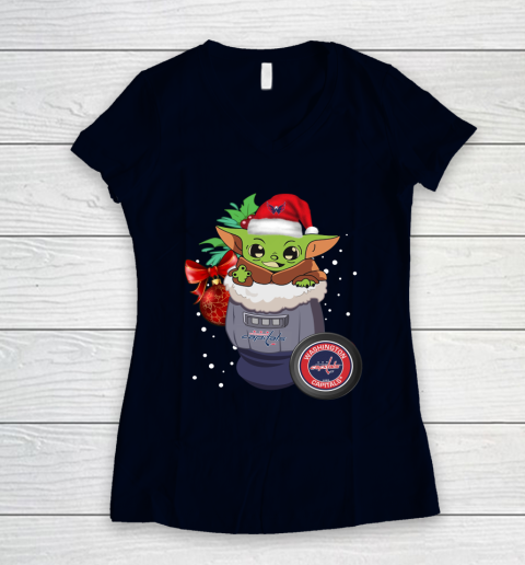 Washington Capitals Christmas Baby Yoda Star Wars Funny Happy NHL Women's V-Neck T-Shirt 3