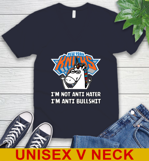 New York Knicks NBA Basketball Unicorn I'm Not Anti Hater I'm Anti Bullshit V-Neck T-Shirt 3
