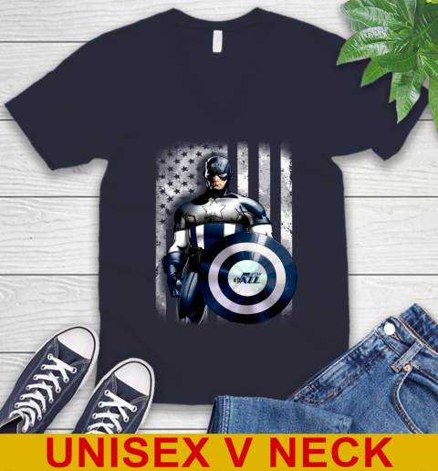 Utah Jazz NBA Basketball Captain America Marvel Avengers American Flag Shirt V-Neck T-Shirt 2