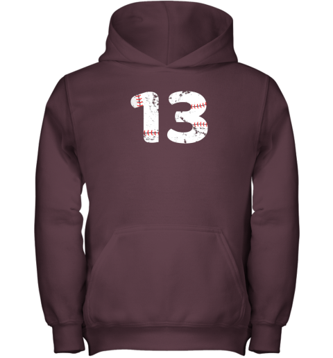 yk0n number 13 baseball vintage distressed team youth hoodie 43 front maroon