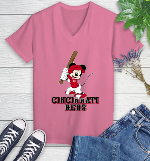 MLB Baseball Cincinnati Reds Cheerful Mickey Mouse Shirt Women's V-Neck T-Shirt 11