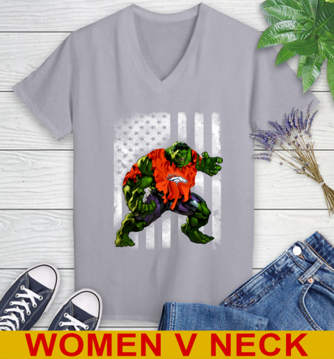 Denver Broncos Hulk Marvel Avengers NFL Football American Flag Women's V-Neck T-Shirt 4