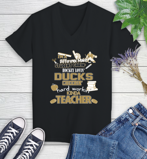 Anaheim Ducks NHL I'm A Difference Making Student Caring Hockey Loving Kinda Teacher Women's V-Neck T-Shirt