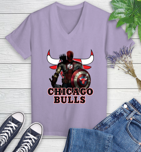 Chicago Bulls NBA Basketball Captain America Thor Spider Man Hawkeye Avengers Women's V-Neck T-Shirt 14