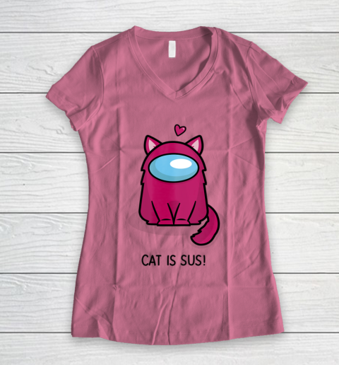 Among Us Game Shirt Cute Cat Astronaut Among me or us Nerdy Girl Gamer Women's V-Neck T-Shirt 7