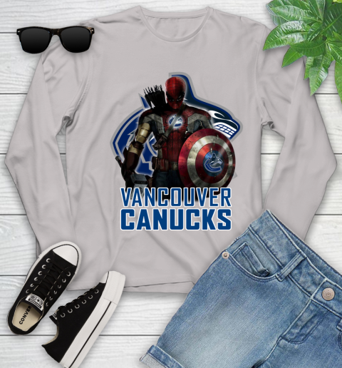 NHL Captain America Thor Spider Man Hawkeye Avengers Endgame Hockey Vancouver Canucks Youth Long Sleeve 12
