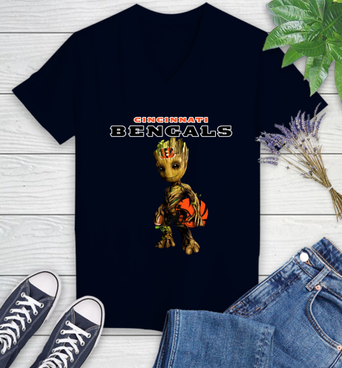 Cincinnati Bengals NFL Football Groot Marvel Guardians Of The Galaxy Women's V-Neck T-Shirt 3
