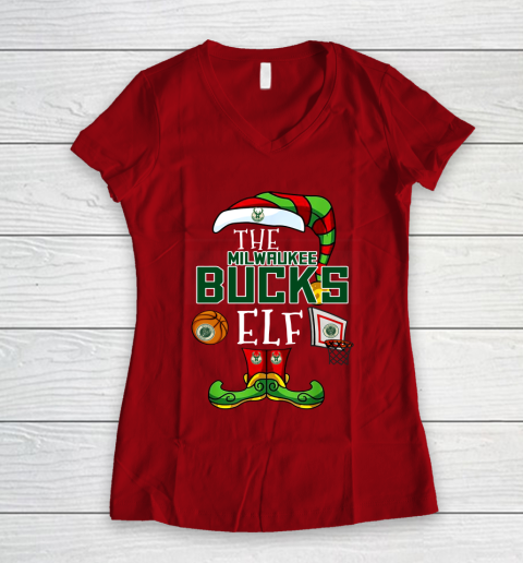 Milwaukee Bucks Christmas ELF Funny NBA Women's V-Neck T-Shirt 8