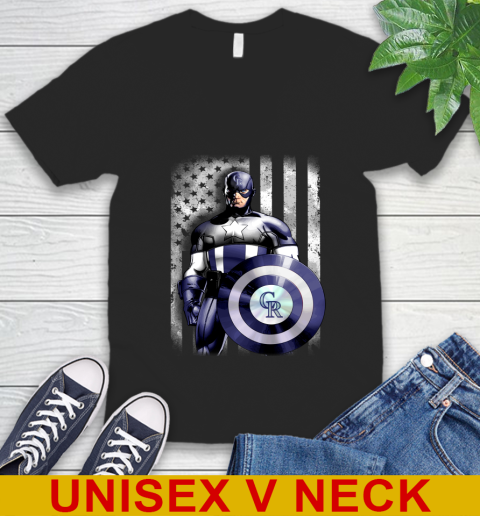 Colorado Rockies MLB Baseball Captain America Marvel Avengers American Flag Shirt V-Neck T-Shirt