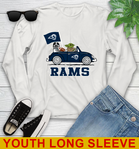 NFL Football Los Angeles Rams Darth Vader Baby Yoda Driving Star Wars Shirt Youth Long Sleeve 12