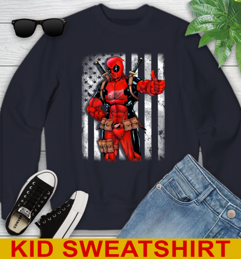 NHL Hockey Detroit Red Wings Deadpool American Flag Shirt Youth Sweatshirt 2