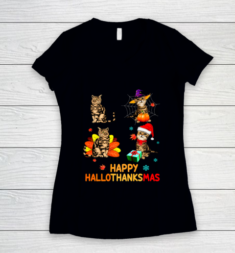 Cat Halloween Thanksgiving Christmas Happy Hallothanksmas Women's V-Neck T-Shirt