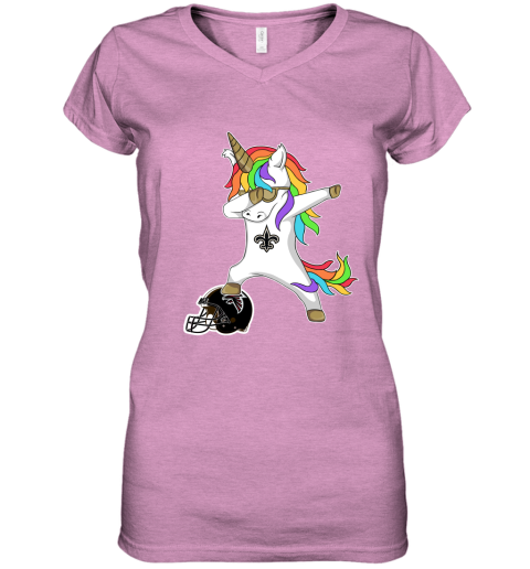 lgtt football dabbing unicorn steps on helmet new orleans saints women v neck t shirt 39 front heather radiant orchid