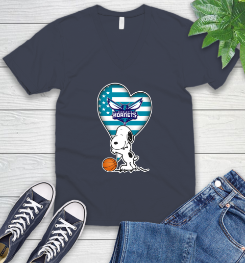 Charlotte Hornets NBA Basketball The Peanuts Movie Adorable Snoopy V-Neck T-Shirt 9