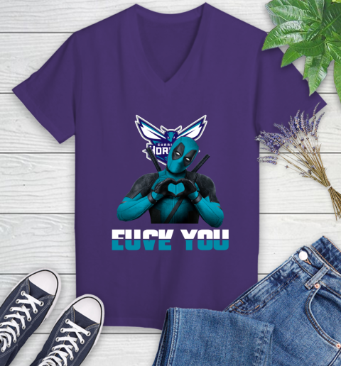 NBA Charlotte Hornets Deadpool Love You Fuck You Basketball Sports Women's V-Neck T-Shirt 3