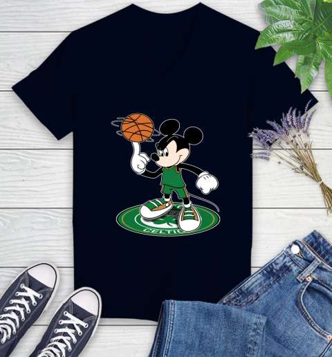 NBA Basketball Boston Celtics Cheerful Mickey Disney Shirt Women's V-Neck T-Shirt 3