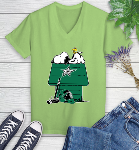 Dallas Stars NHL Hockey Snoopy Woodstock The Peanuts Movie Women's V-Neck T-Shirt 11