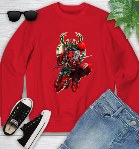 NBA Deadpool Marvel Comics Sports Basketball Milwaukee Bucks Youth Sweatshirt 9
