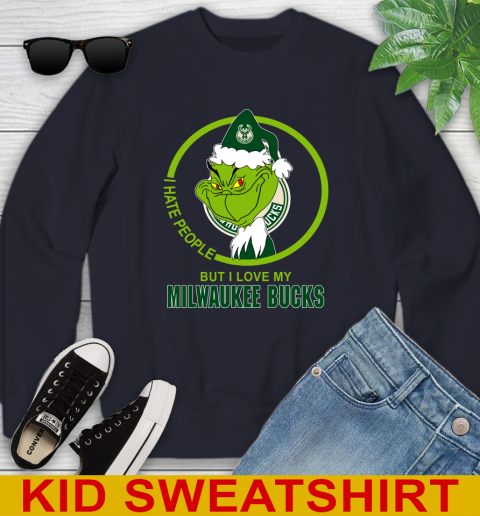 Milwaukee Bucks NBA Christmas Grinch I Hate People But I Love My Favorite Basketball Team Youth Sweatshirt 3