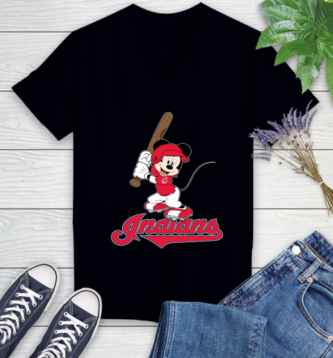 MLB Baseball Cleveland Indians Cheerful Mickey Mouse Shirt Women's V-Neck T-Shirt