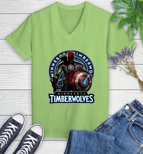 Minnesota Timberwolves NBA Basketball Captain America Thor Spider Man Hawkeye Avengers Women's V-Neck T-Shirt 11