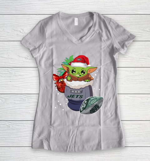 New York Jets Christmas Baby Yoda Star Wars Funny Happy NFL Women's V-Neck T-Shirt 2