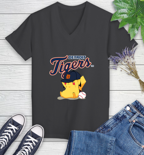 MLB Pikachu Baseball Sports Detroit Tigers Women's V-Neck T-Shirt 8