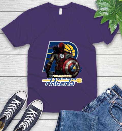 Indiana Pacers NBA Basketball Captain America Thor Spider Man Hawkeye Avengers V-Neck T-Shirt 10