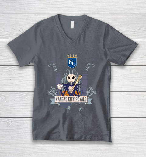 MLB Kansas City Royals Baseball Jack Skellington Halloween V-Neck T-Shirt 4