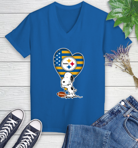 Pittsburgh Steelers NFL Football The Peanuts Movie Adorable Snoopy Women's V-Neck T-Shirt 10