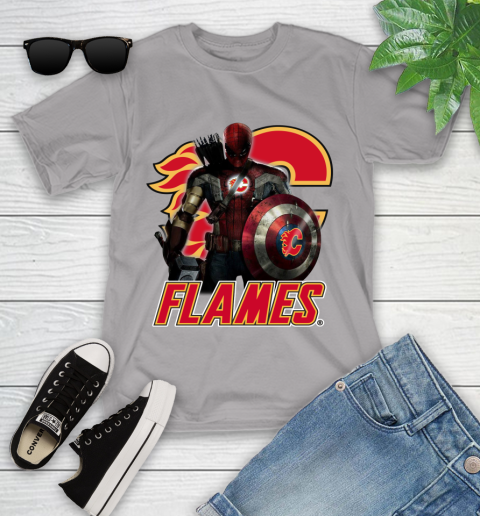NHL Captain America Thor Spider Man Hawkeye Avengers Endgame Hockey Calgary Flames Youth T-Shirt 4