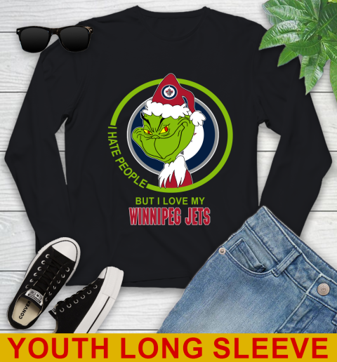 Winnipeg Jets NHL Christmas Grinch I Hate People But I Love My Favorite Hockey Team Youth Long Sleeve 2