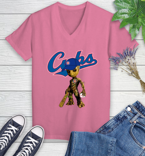 MLB Chicago Cubs Groot Guardians Of The Galaxy Baseball Women's V-Neck T-Shirt 13