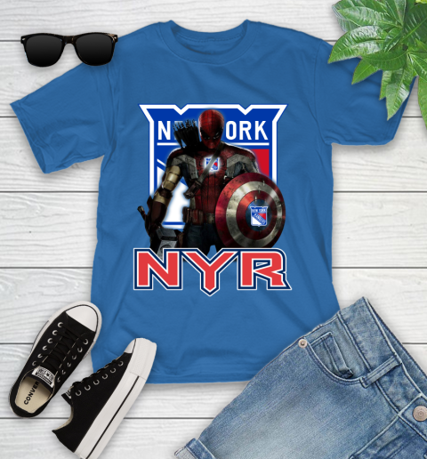 NHL Captain America Thor Spider Man Hawkeye Avengers Endgame Hockey New York Rangers Youth T-Shirt 9