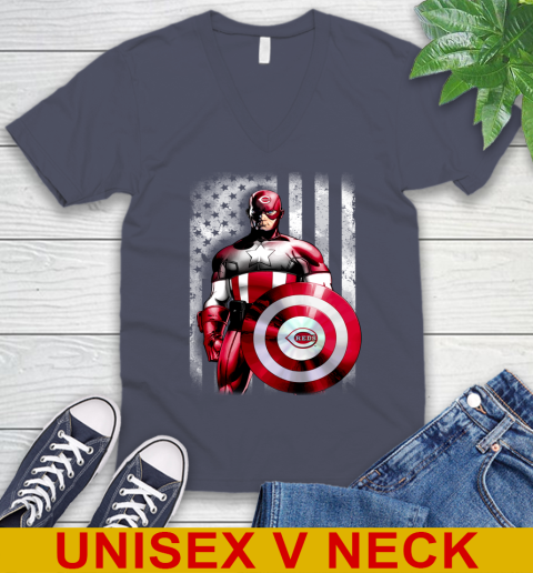 Cincinnati Reds MLB Baseball Captain America Marvel Avengers American Flag Shirt V-Neck T-Shirt 7