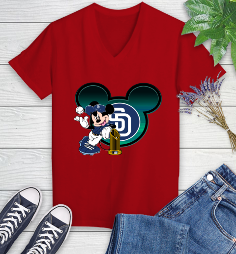 MLB San Diego Padres The Commissioner's Trophy Mickey Mouse Disney Women's V-Neck T-Shirt 12