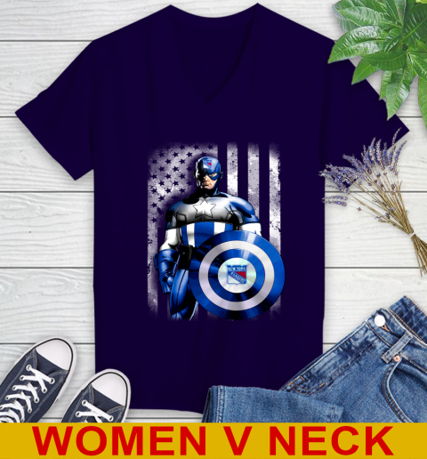 New York Rangers NHL Hockey Captain America Marvel Avengers American Flag Shirt Women's V-Neck T-Shirt 3