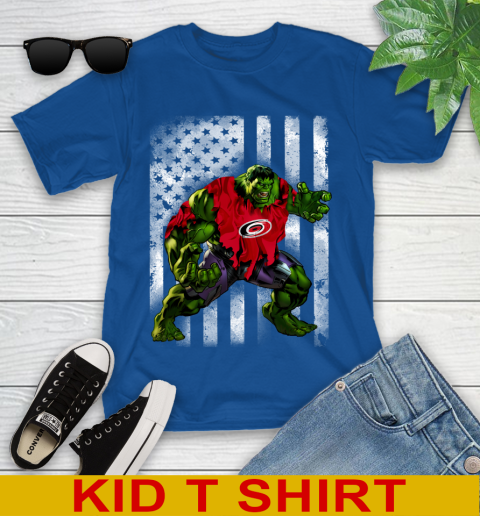 Carolina Hurricanes Hulk Marvel Avengers NHL Hockey American Flag Youth T-Shirt 10