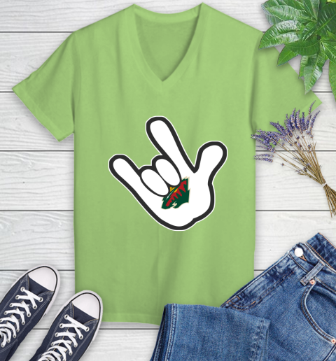 Minnesota Wild NHL Hockey Mickey Rock Hand Disney Women's V-Neck T-Shirt 11