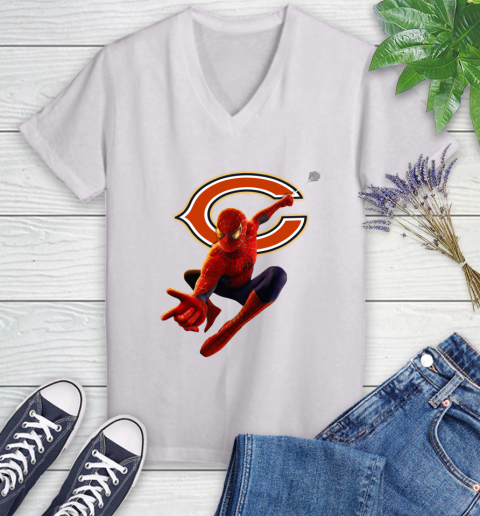 NFL Spider Man Avengers Endgame Football Chicago Bears Women's V-Neck T-Shirt