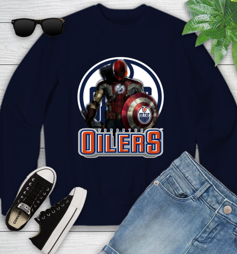 NHL Captain America Thor Spider Man Hawkeye Avengers Endgame Hockey Edmonton Oilers Youth Sweatshirt 3