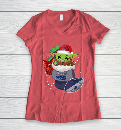 New York Giants Christmas Baby Yoda Star Wars Funny Happy NFL Women's V-Neck T-Shirt 6