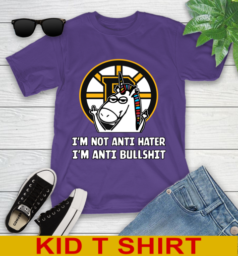 Boston Bruins NHL Hockey Unicorn I'm Not Anti Hater I'm Anti Bullshit Youth T-Shirt 4